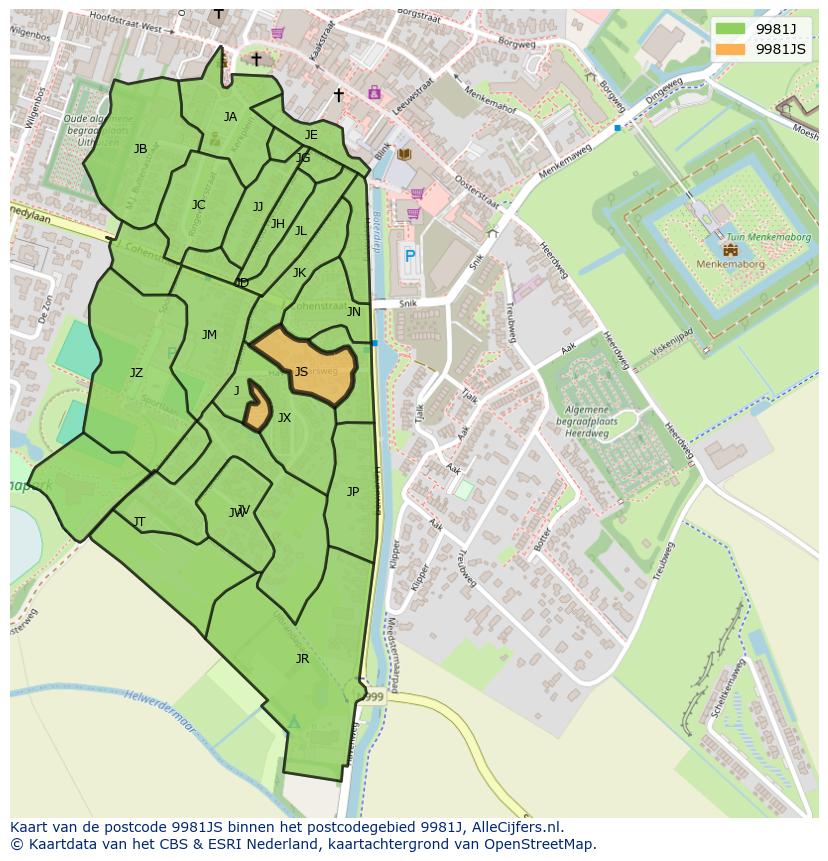 Afbeelding van het postcodegebied 9981 JS op de kaart.