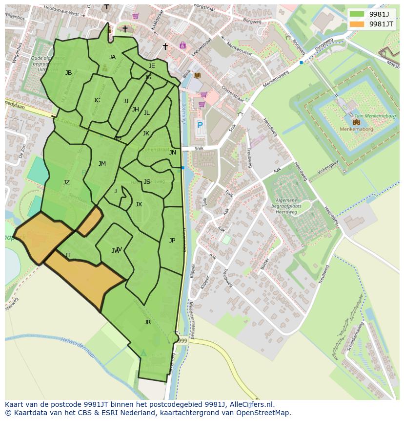 Afbeelding van het postcodegebied 9981 JT op de kaart.