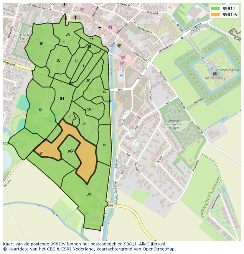 Afbeelding van het postcodegebied 9981 JV op de kaart.