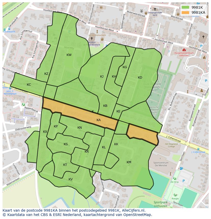 Afbeelding van het postcodegebied 9981 KA op de kaart.