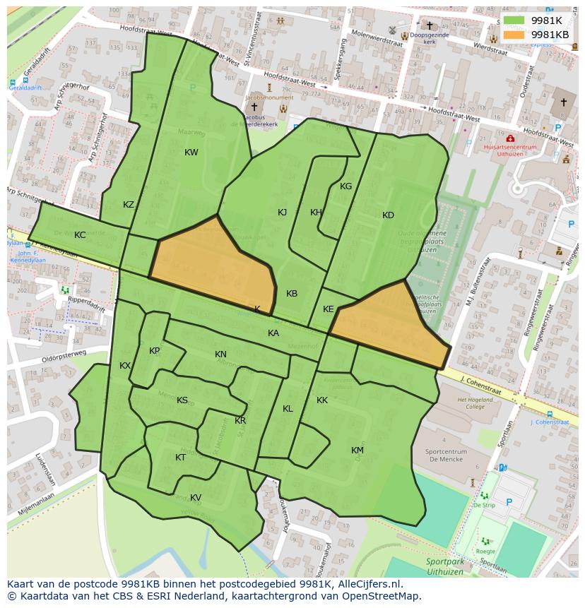 Afbeelding van het postcodegebied 9981 KB op de kaart.