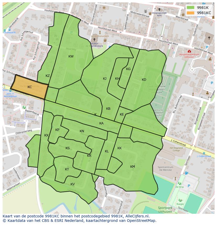 Afbeelding van het postcodegebied 9981 KC op de kaart.