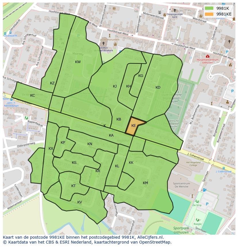 Afbeelding van het postcodegebied 9981 KE op de kaart.