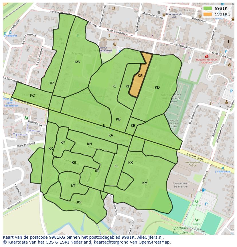 Afbeelding van het postcodegebied 9981 KG op de kaart.