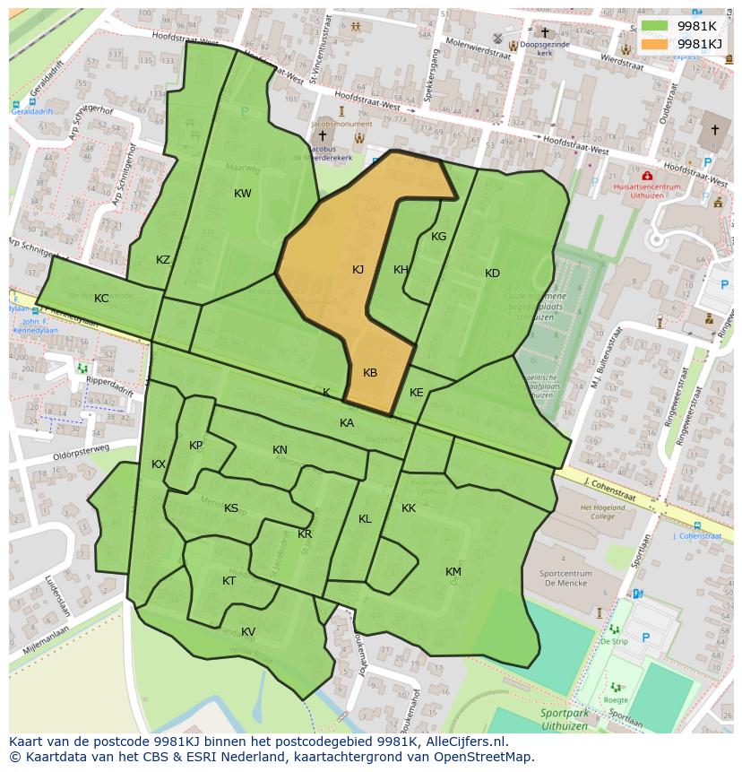 Afbeelding van het postcodegebied 9981 KJ op de kaart.