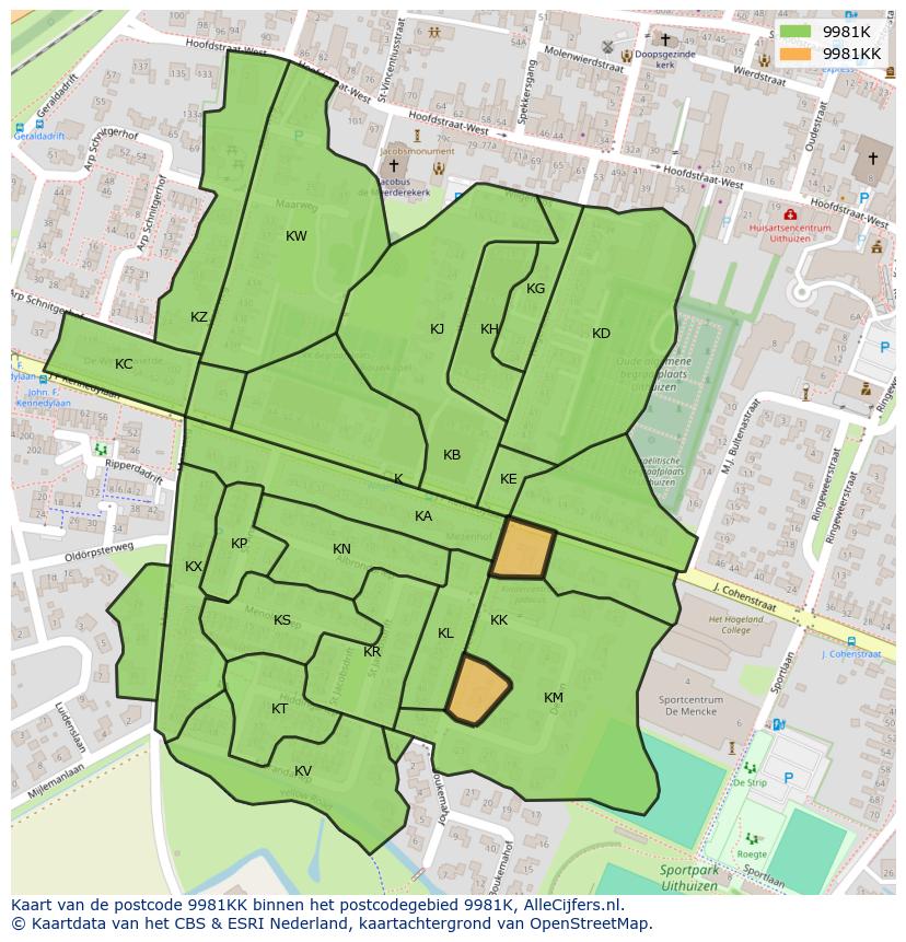 Afbeelding van het postcodegebied 9981 KK op de kaart.