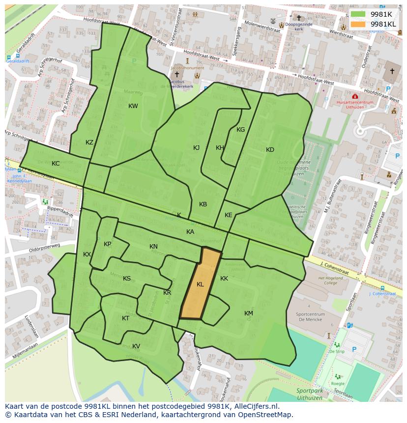 Afbeelding van het postcodegebied 9981 KL op de kaart.