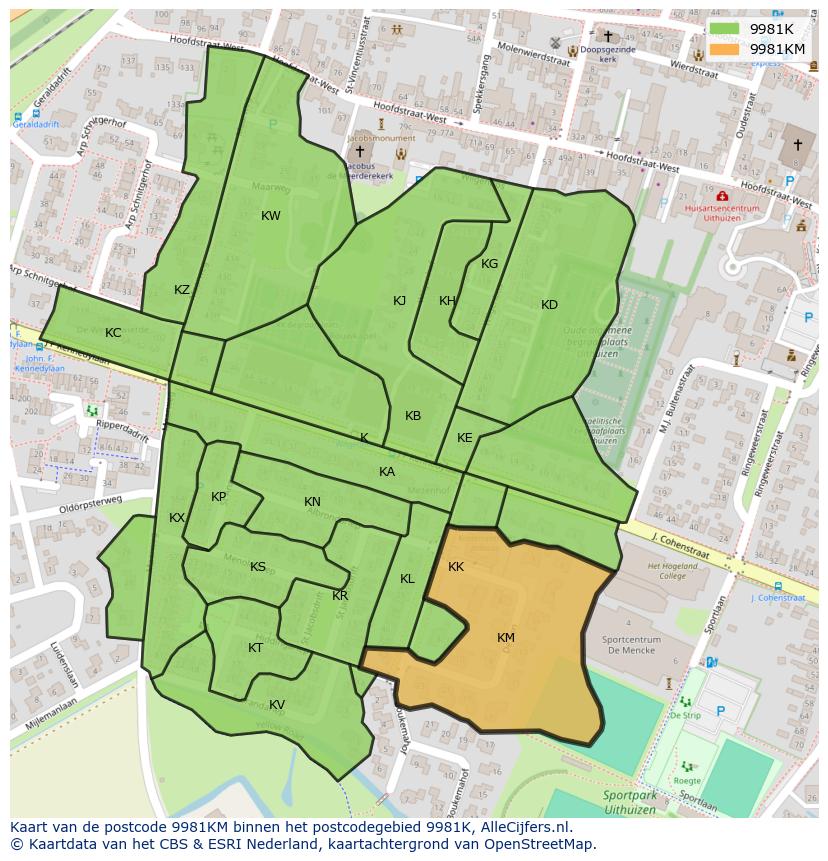 Afbeelding van het postcodegebied 9981 KM op de kaart.