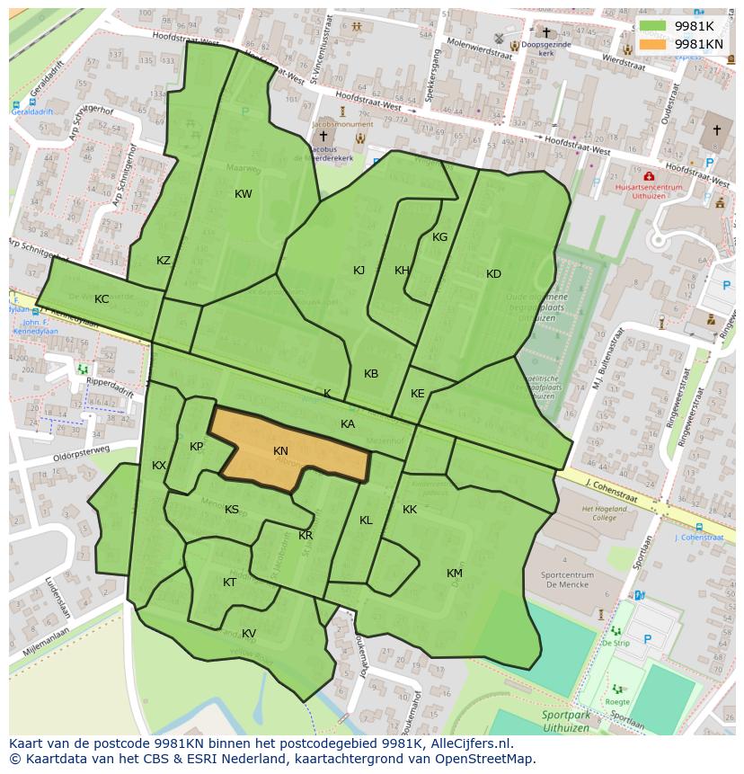 Afbeelding van het postcodegebied 9981 KN op de kaart.