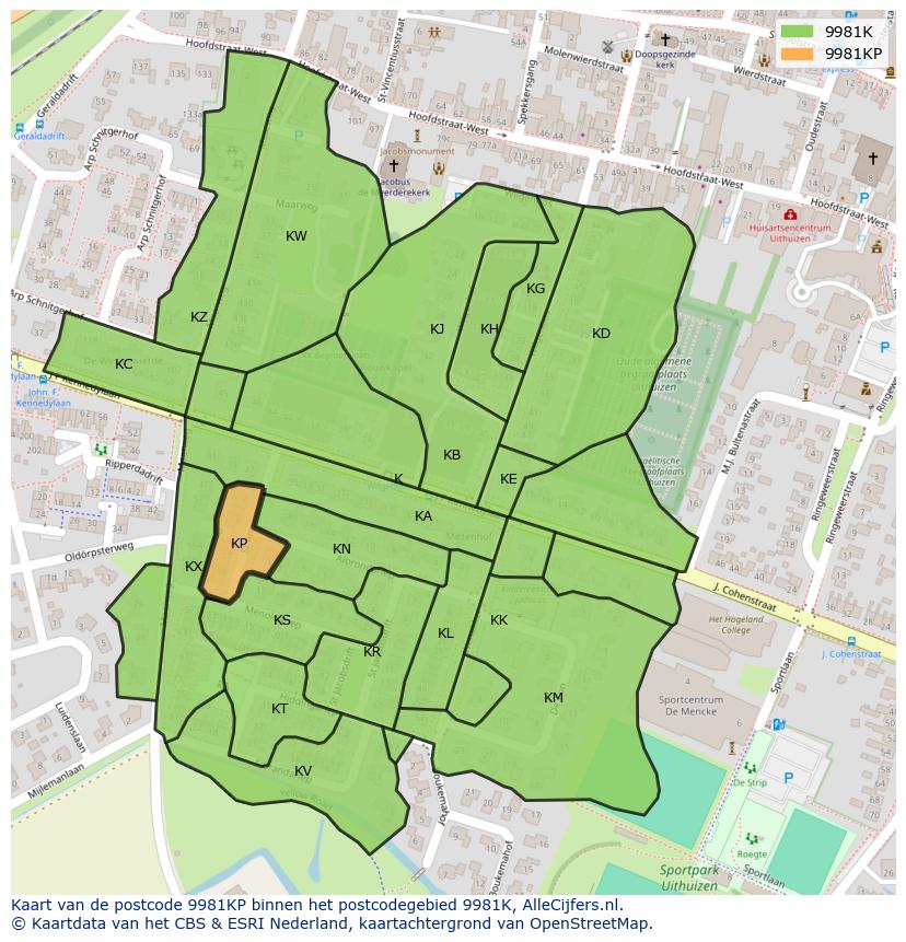 Afbeelding van het postcodegebied 9981 KP op de kaart.