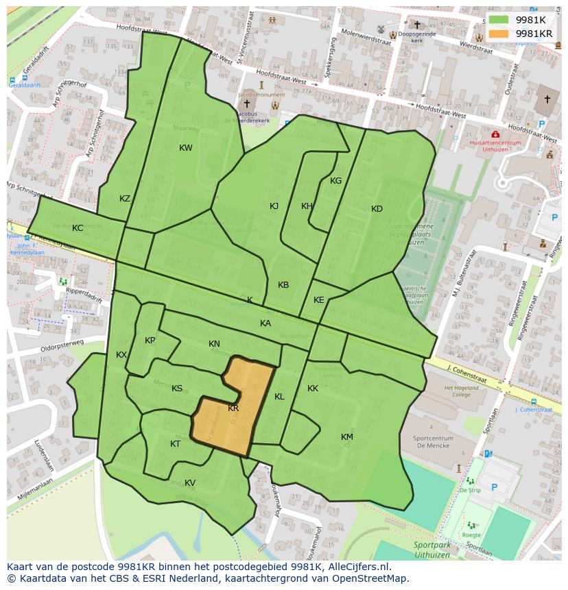 Afbeelding van het postcodegebied 9981 KR op de kaart.