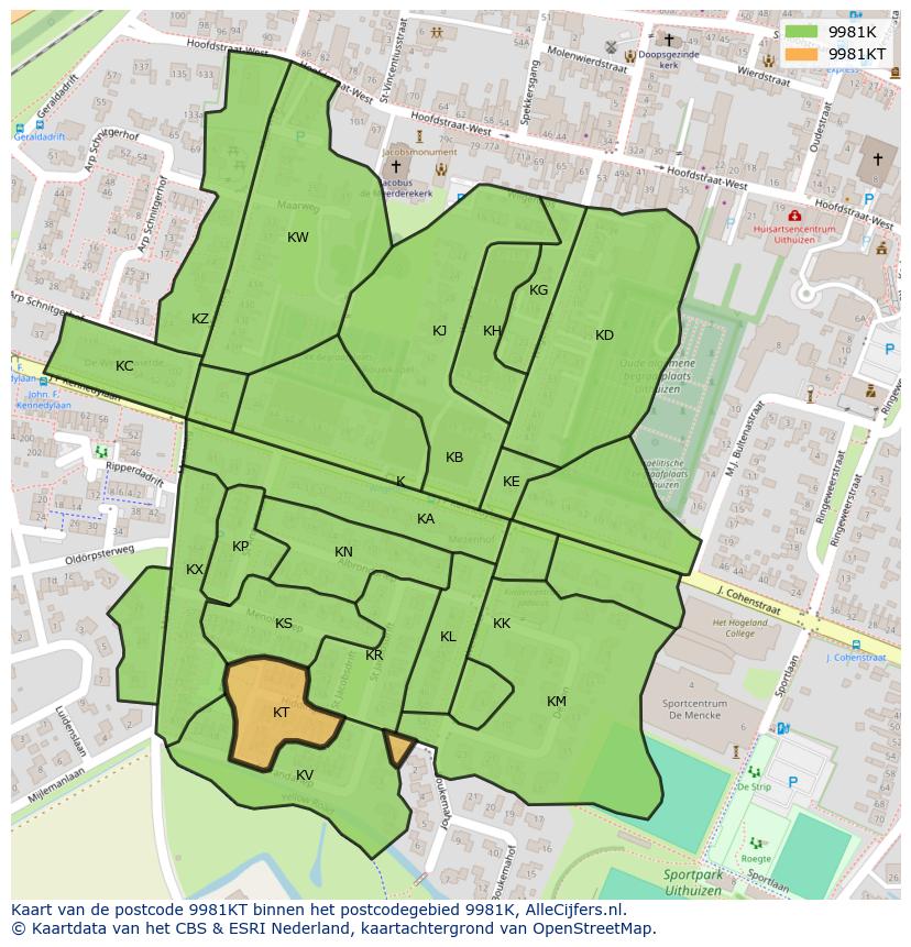 Afbeelding van het postcodegebied 9981 KT op de kaart.
