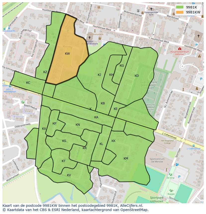 Afbeelding van het postcodegebied 9981 KW op de kaart.