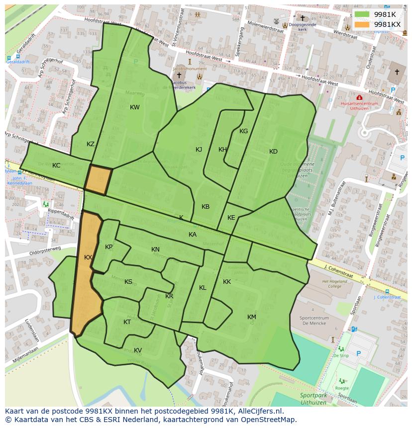 Afbeelding van het postcodegebied 9981 KX op de kaart.