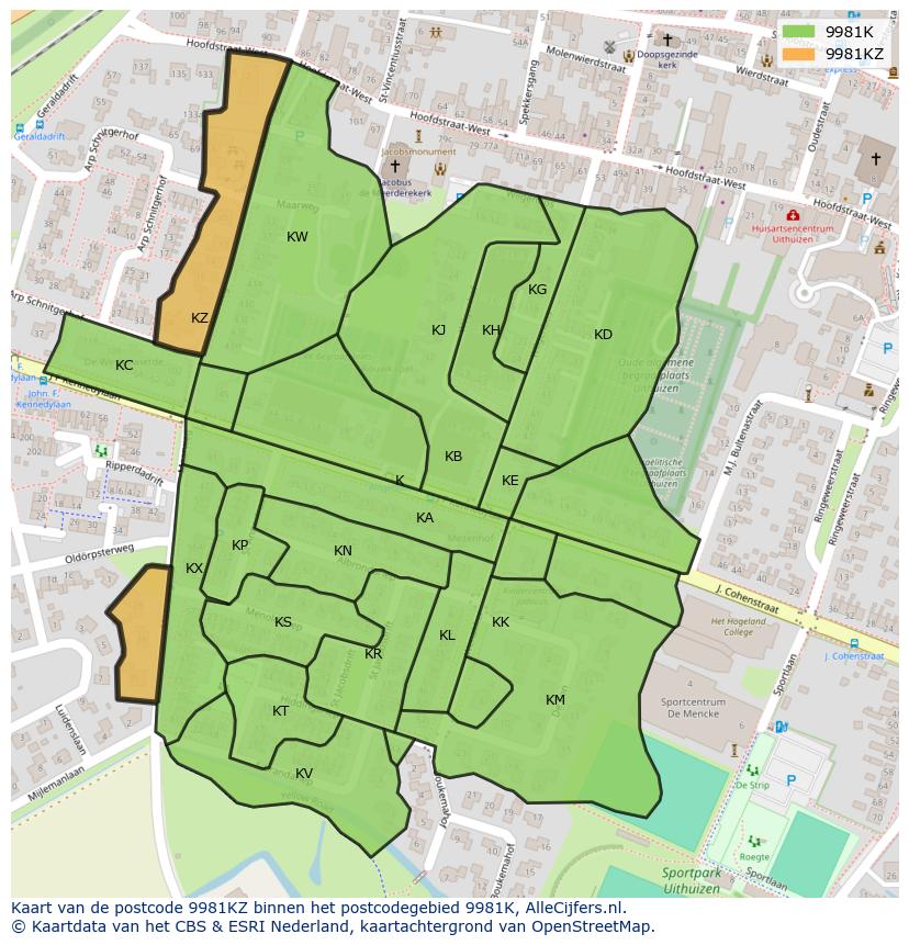 Afbeelding van het postcodegebied 9981 KZ op de kaart.