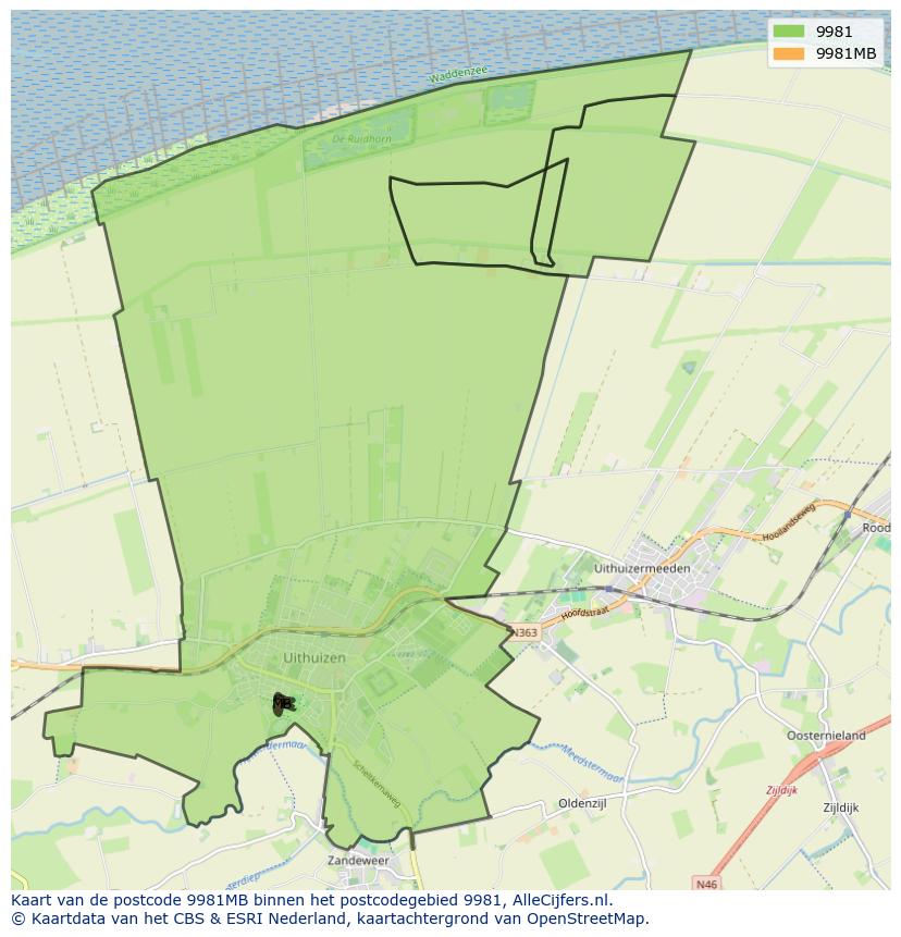 Afbeelding van het postcodegebied 9981 MB op de kaart.