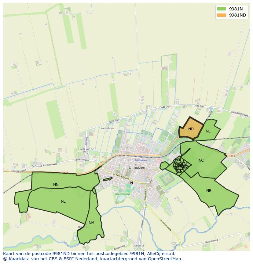 Afbeelding van het postcodegebied 9981 ND op de kaart.