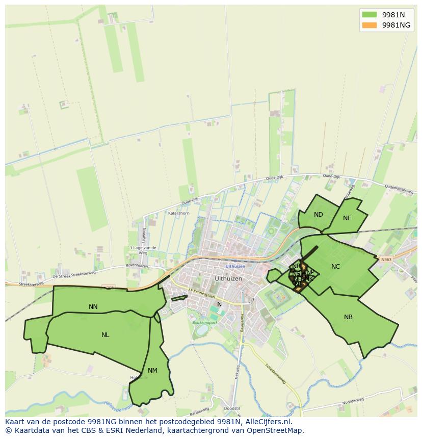 Afbeelding van het postcodegebied 9981 NG op de kaart.