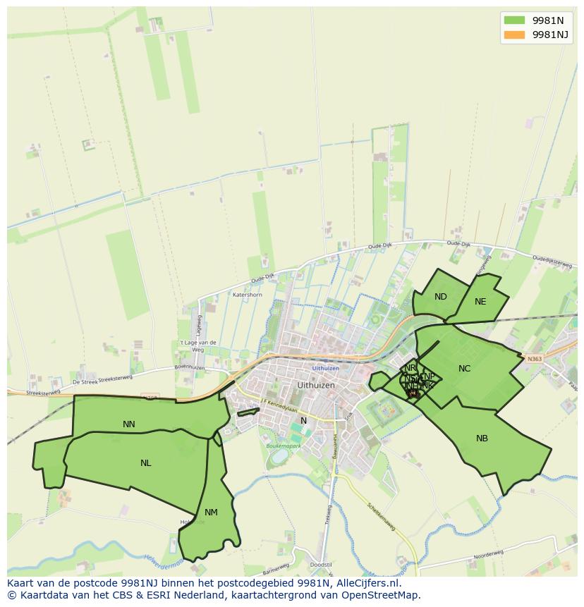 Afbeelding van het postcodegebied 9981 NJ op de kaart.