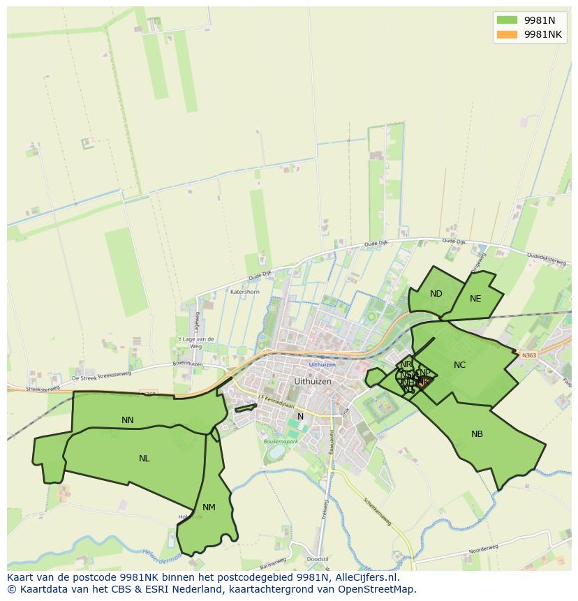 Afbeelding van het postcodegebied 9981 NK op de kaart.