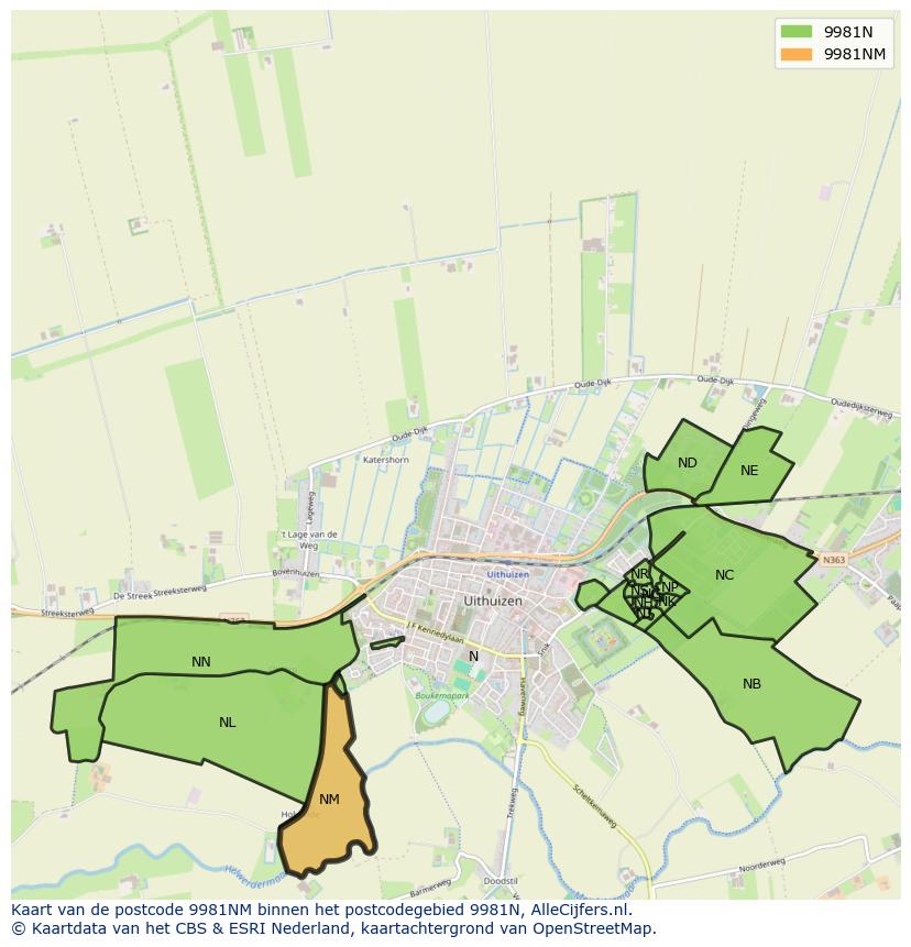 Afbeelding van het postcodegebied 9981 NM op de kaart.
