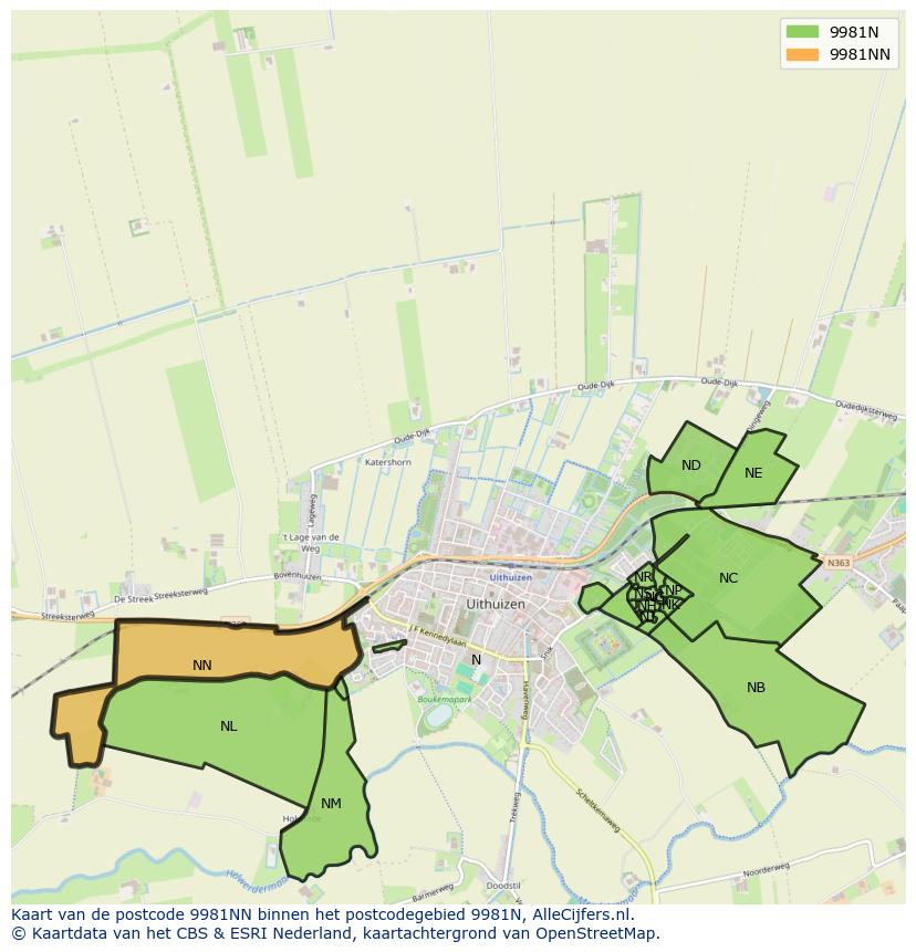 Afbeelding van het postcodegebied 9981 NN op de kaart.