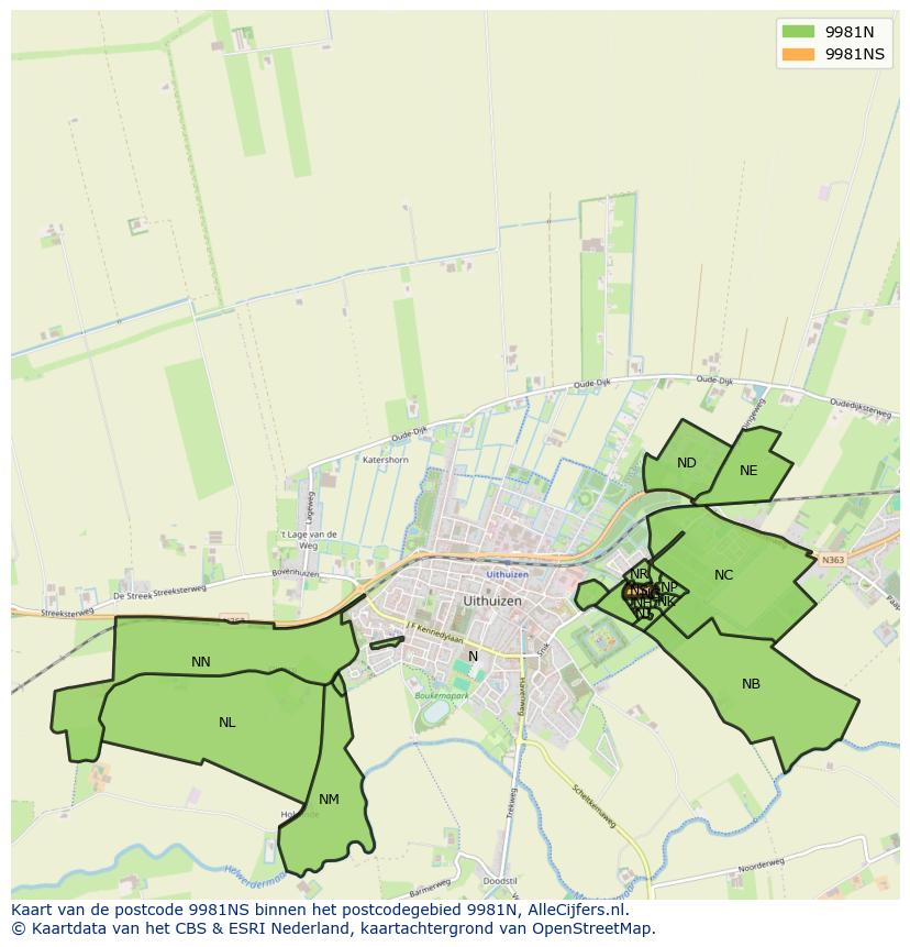 Afbeelding van het postcodegebied 9981 NS op de kaart.