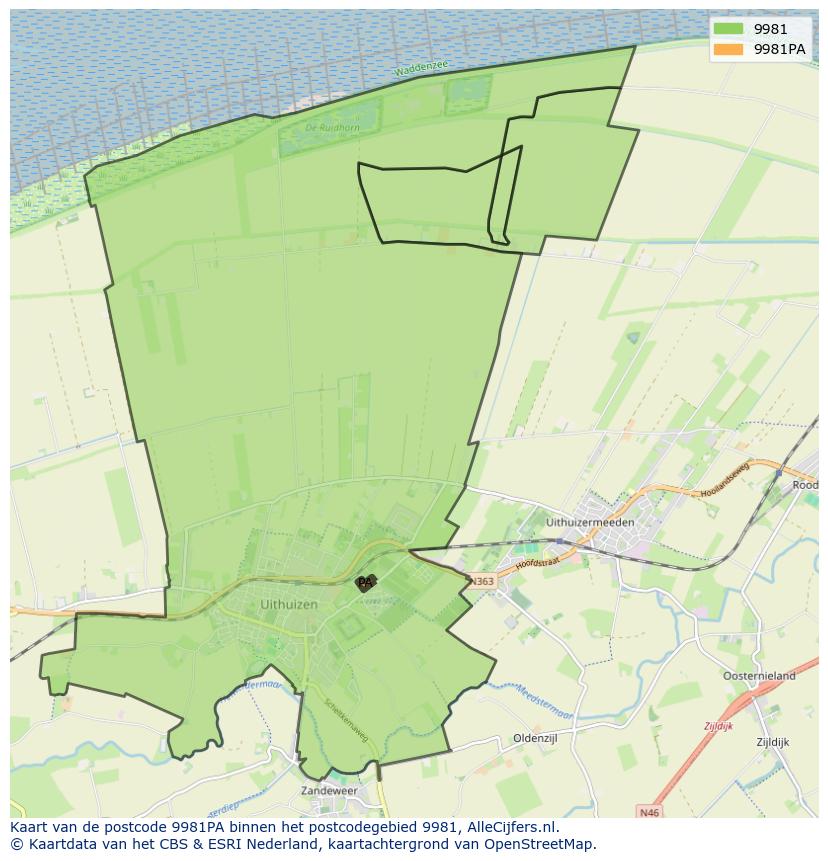 Afbeelding van het postcodegebied 9981 PA op de kaart.