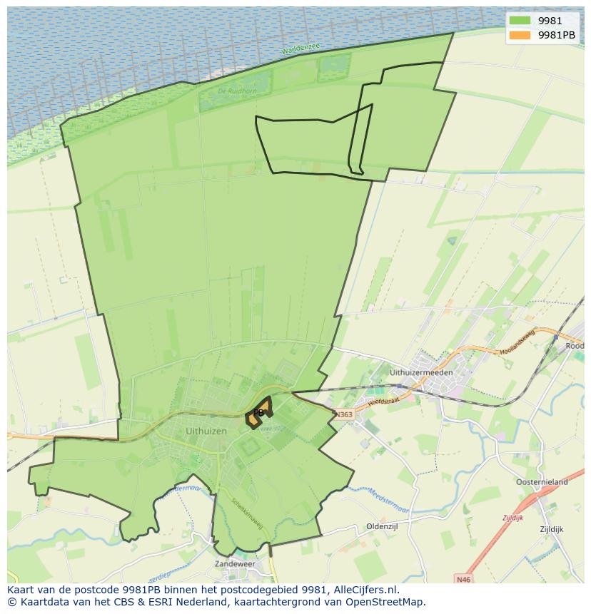 Afbeelding van het postcodegebied 9981 PB op de kaart.