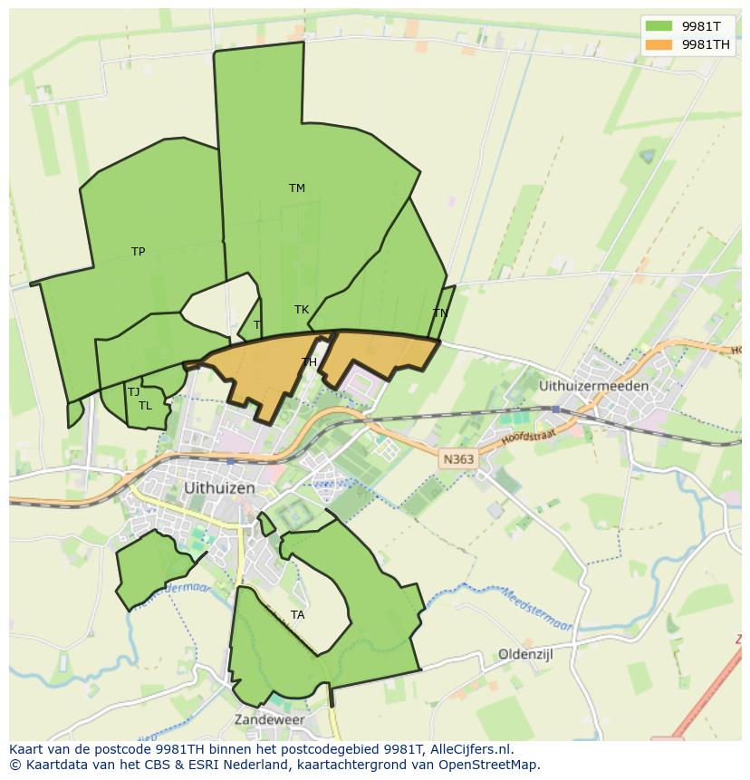 Afbeelding van het postcodegebied 9981 TH op de kaart.