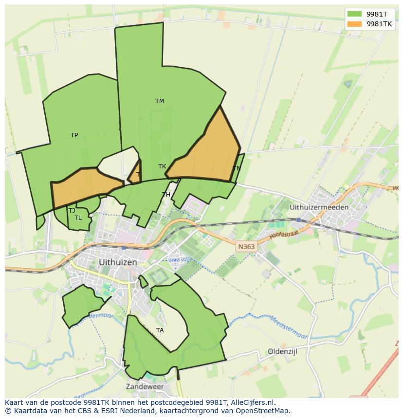 Afbeelding van het postcodegebied 9981 TK op de kaart.