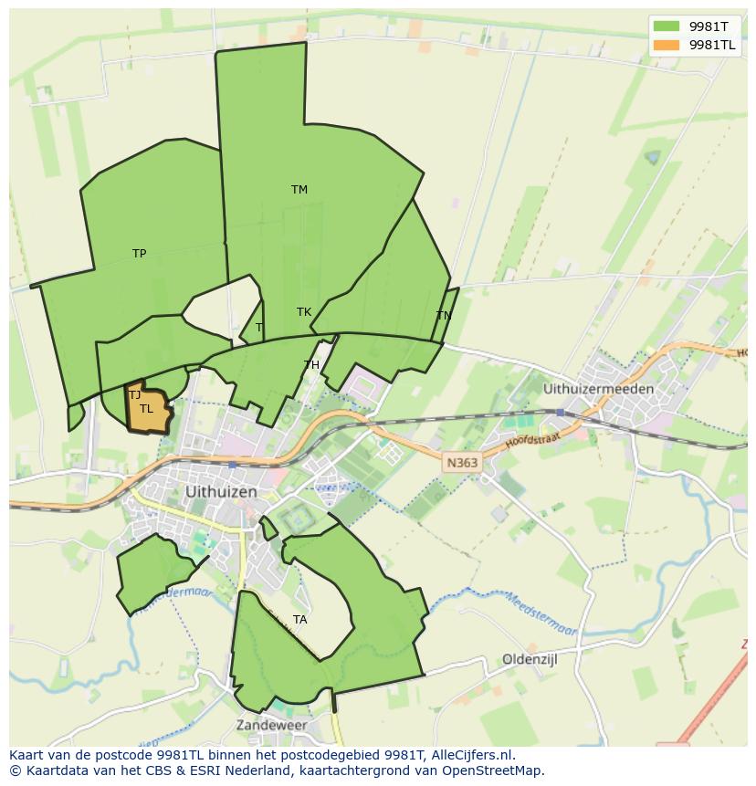 Afbeelding van het postcodegebied 9981 TL op de kaart.