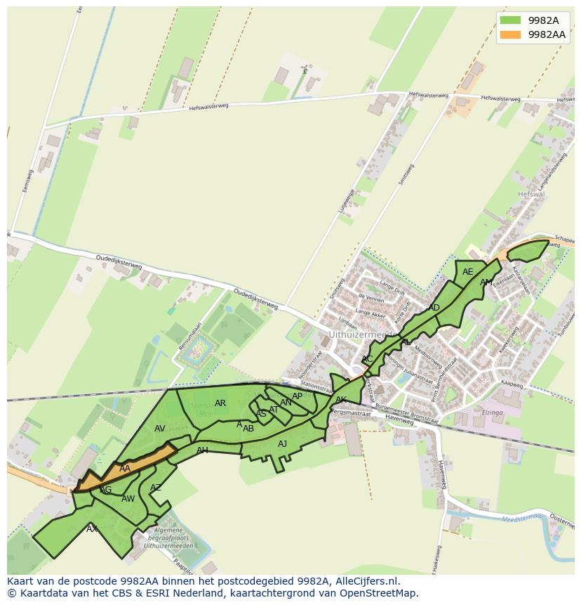 Afbeelding van het postcodegebied 9982 AA op de kaart.