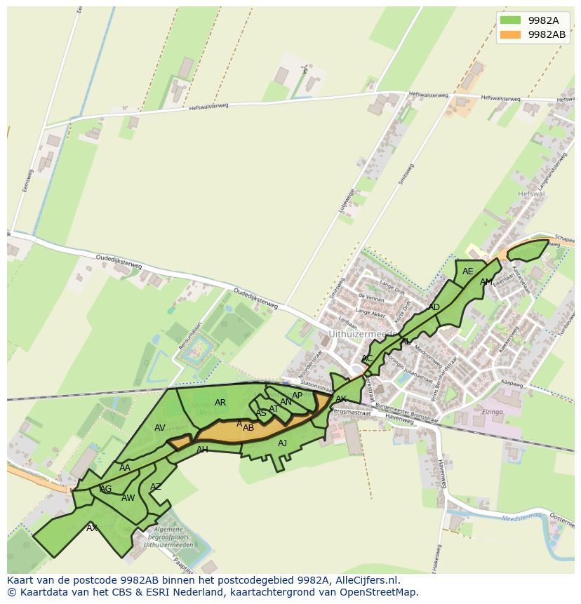 Afbeelding van het postcodegebied 9982 AB op de kaart.