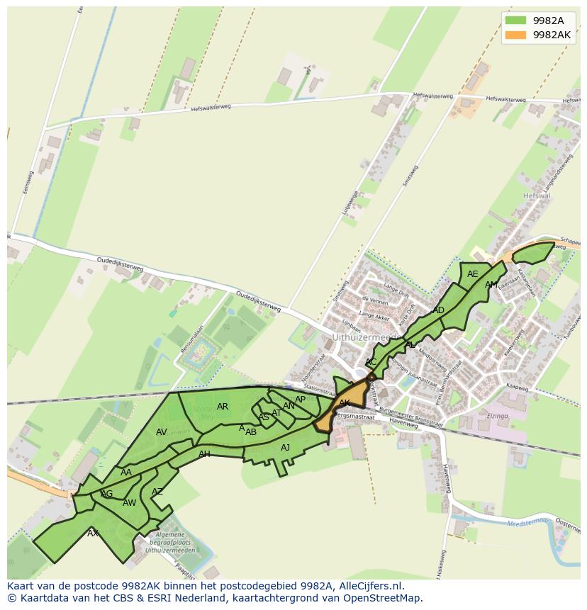 Afbeelding van het postcodegebied 9982 AK op de kaart.