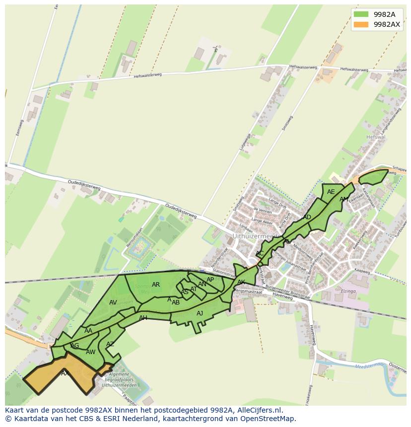 Afbeelding van het postcodegebied 9982 AX op de kaart.