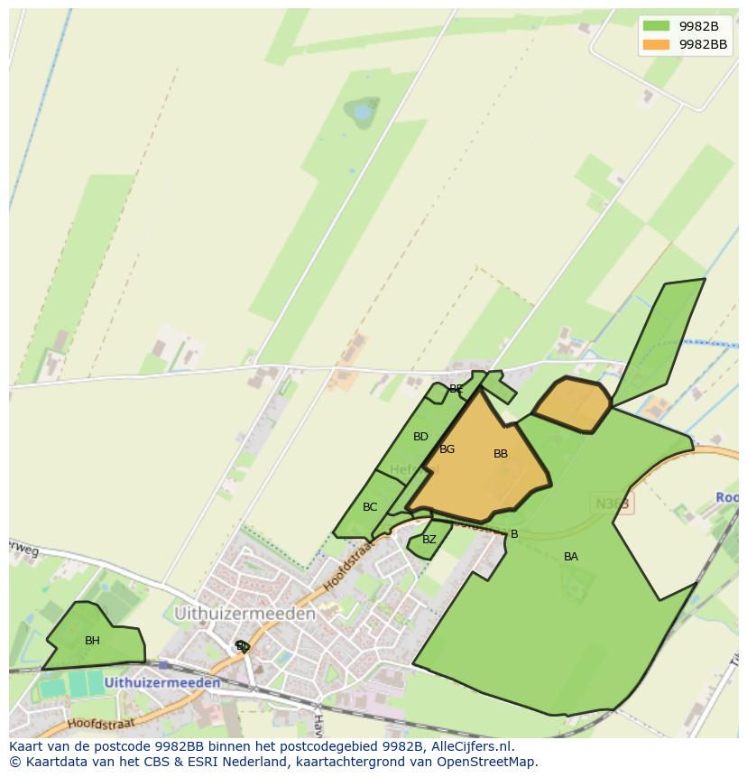 Afbeelding van het postcodegebied 9982 BB op de kaart.