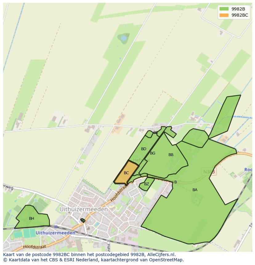 Afbeelding van het postcodegebied 9982 BC op de kaart.