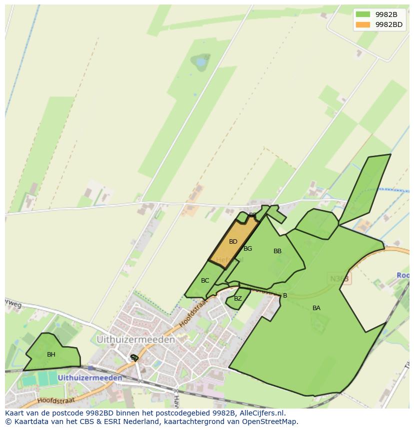 Afbeelding van het postcodegebied 9982 BD op de kaart.
