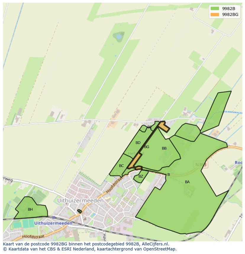 Afbeelding van het postcodegebied 9982 BG op de kaart.