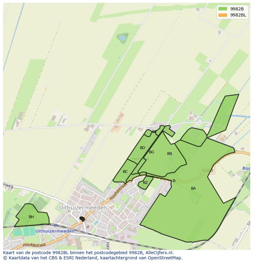 Afbeelding van het postcodegebied 9982 BL op de kaart.