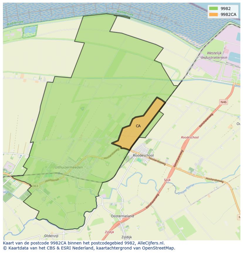 Afbeelding van het postcodegebied 9982 CA op de kaart.