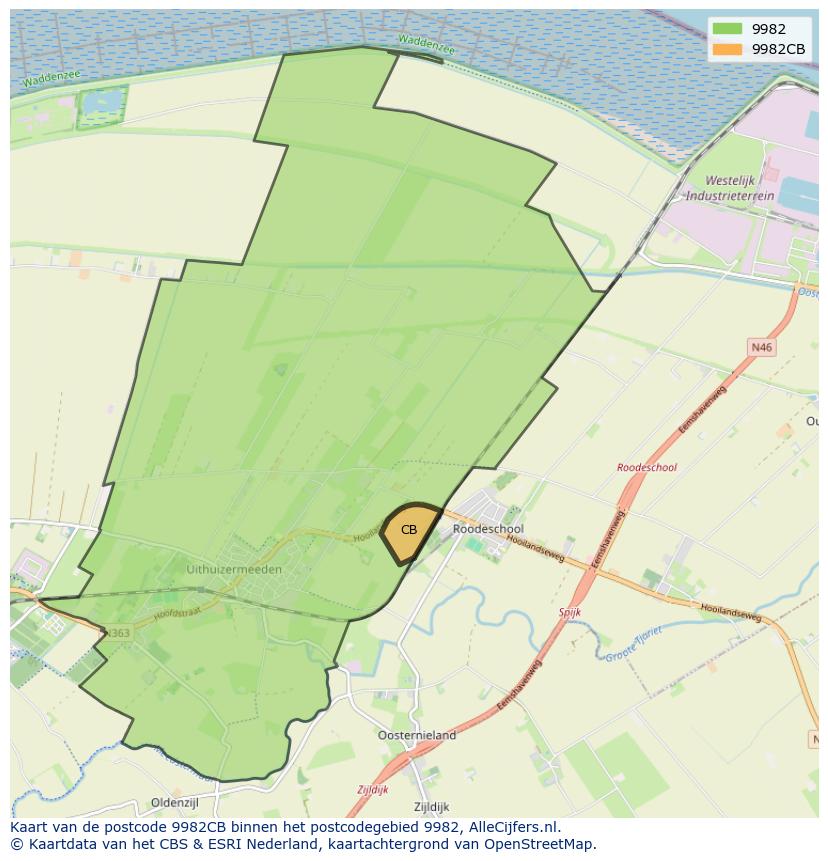 Afbeelding van het postcodegebied 9982 CB op de kaart.