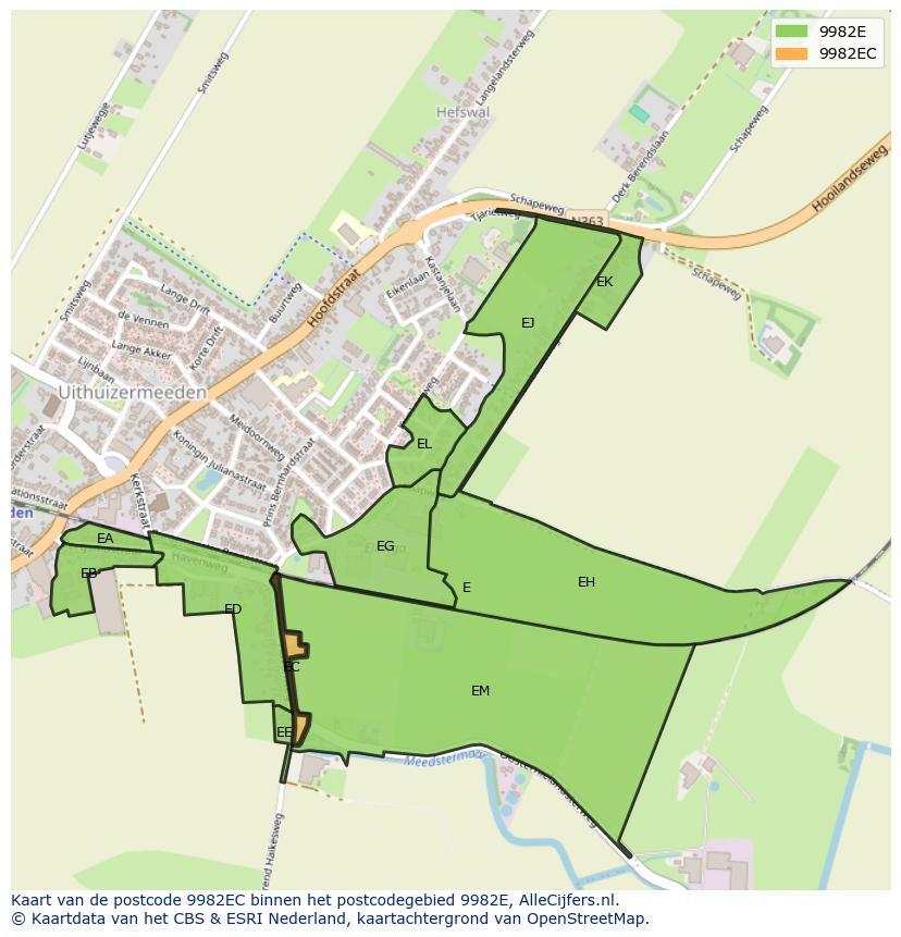 Afbeelding van het postcodegebied 9982 EC op de kaart.
