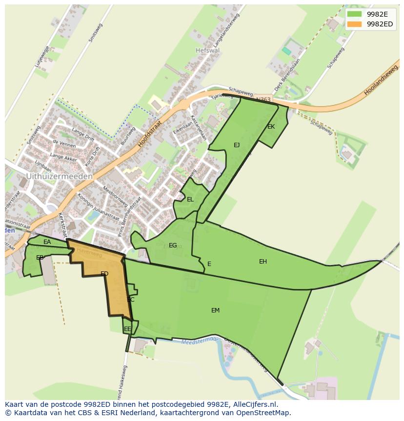 Afbeelding van het postcodegebied 9982 ED op de kaart.