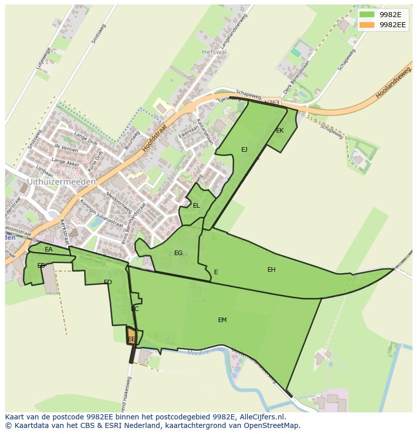 Afbeelding van het postcodegebied 9982 EE op de kaart.