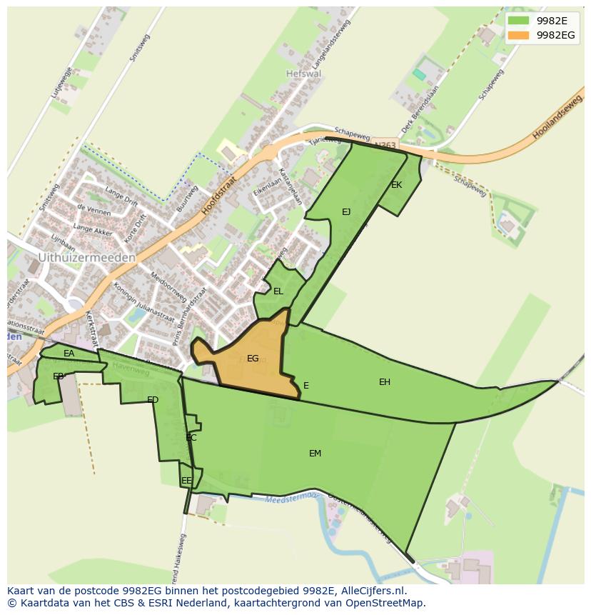 Afbeelding van het postcodegebied 9982 EG op de kaart.