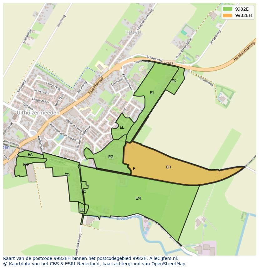 Afbeelding van het postcodegebied 9982 EH op de kaart.
