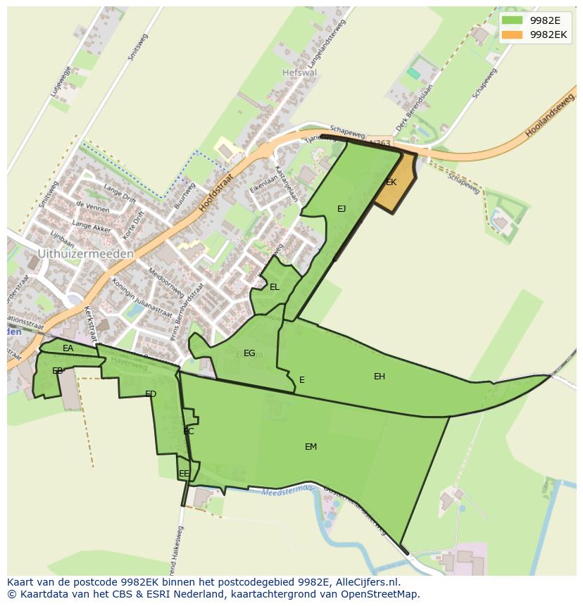 Afbeelding van het postcodegebied 9982 EK op de kaart.