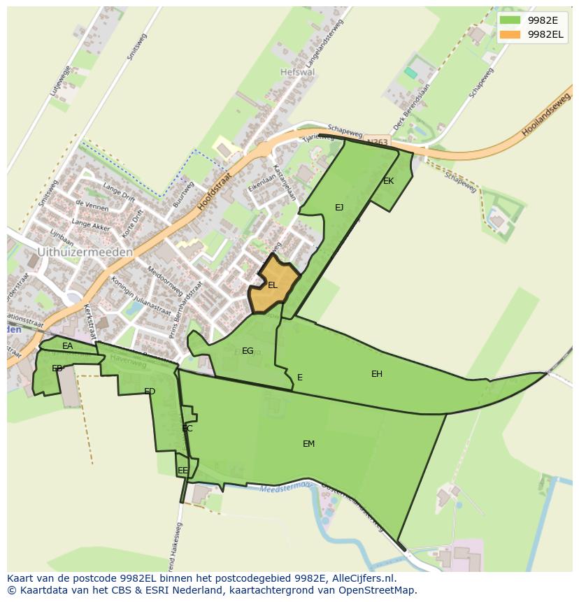 Afbeelding van het postcodegebied 9982 EL op de kaart.